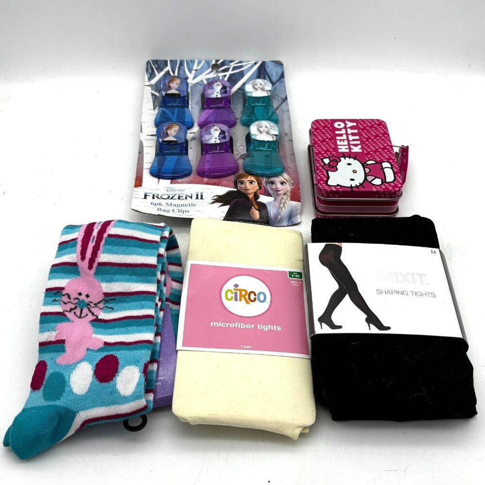 Mixed Lot Hello Kitty Tin Frozen II Magnetic Bag Clips Circo & Mixit Tights Set